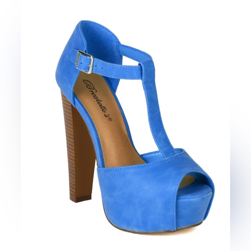 NIB Chunky Heel Dany T-Strap Brina Peep Toe Platform Blue Sandals Block Heel 8
